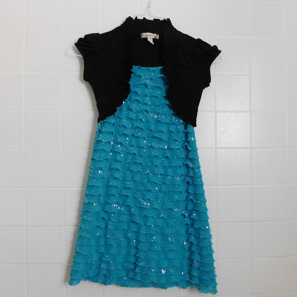 Turquoise and Black Girl's Dress w/ Ruffle Detail
